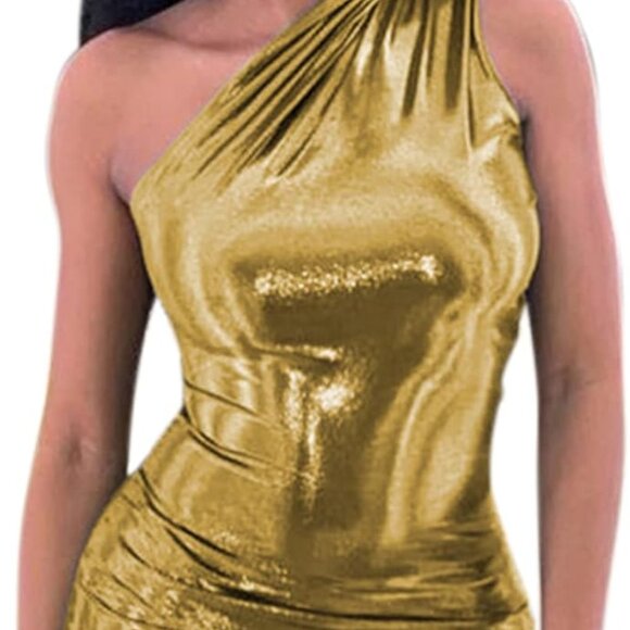 Women's Metallic One Shoulder Mini Dress Sleeveless Bodycon Club Party - Picture 1 of 2